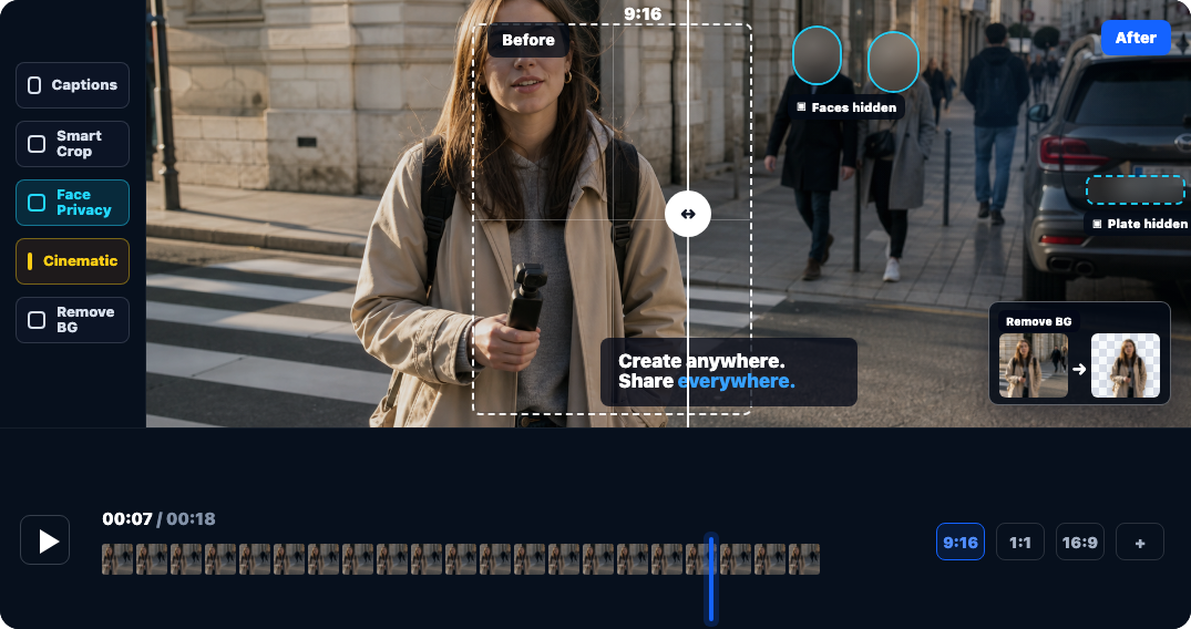 Pixlane video editor preview with before and after effects